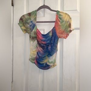 Size small princess blouse bold tie dye splat colors blue pink green yellow